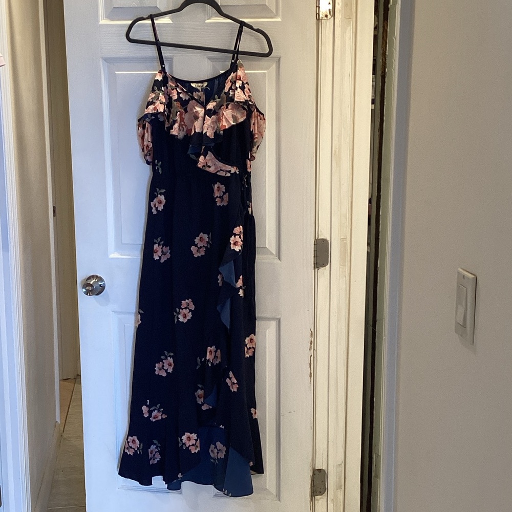 Blush Navy Blue Floral Ruffle Asymmetrical Dress